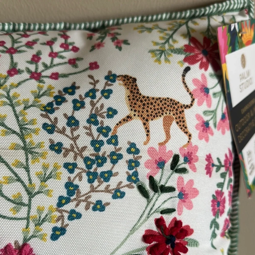 Palm Studio Outdoor Indoor Pillow Cheetah 🐆 Leopard Floral Embroidered NEW!